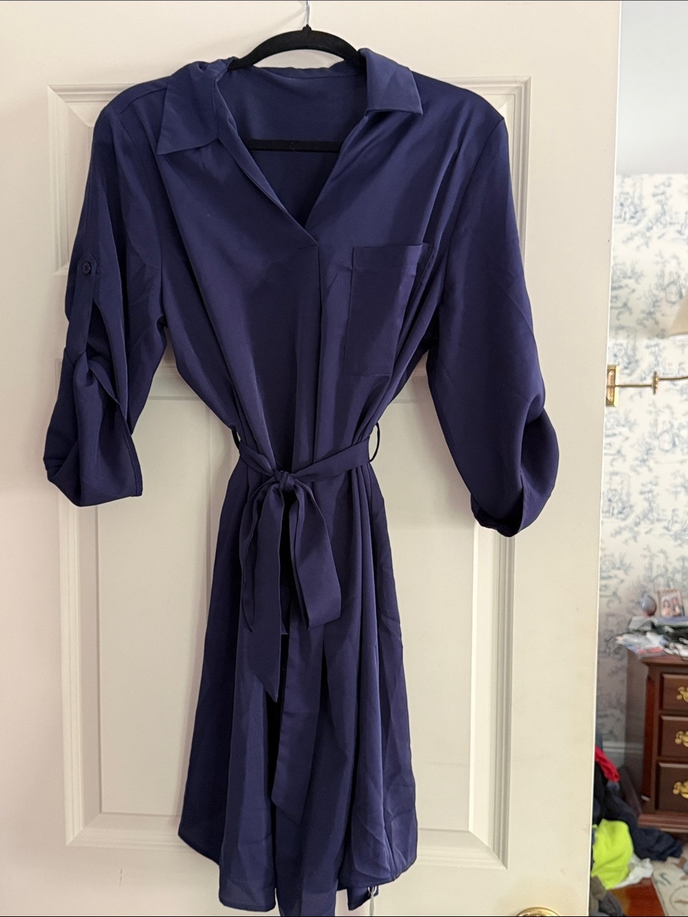 HALARA Deep Navy Midi Shirt Dress with Tie Waist